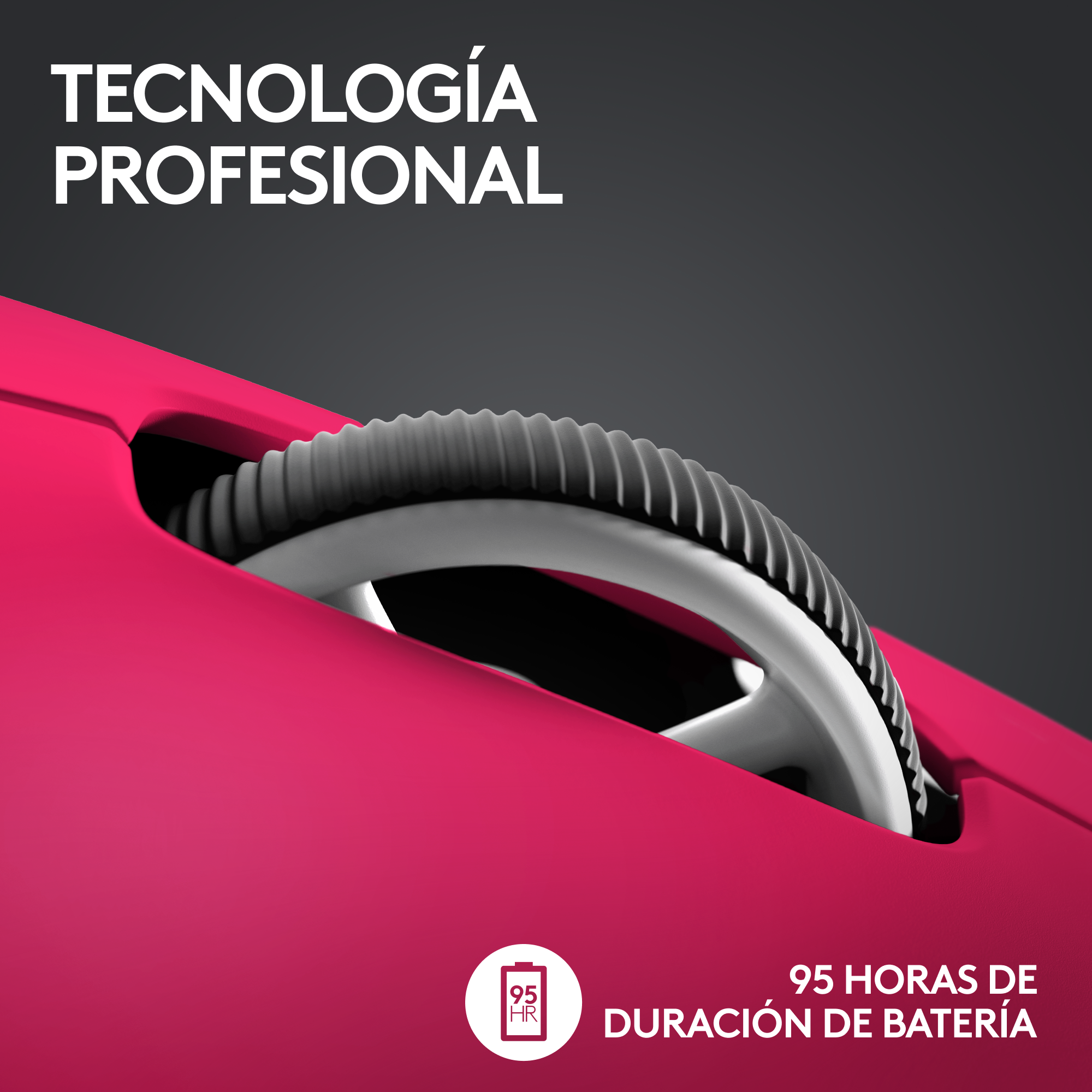 Ratón rosa con rueda de desplazamiento, texto: 'TECNOLOGÍA PROFESIONAL' y '95 HORAS DE BATERÍA'.