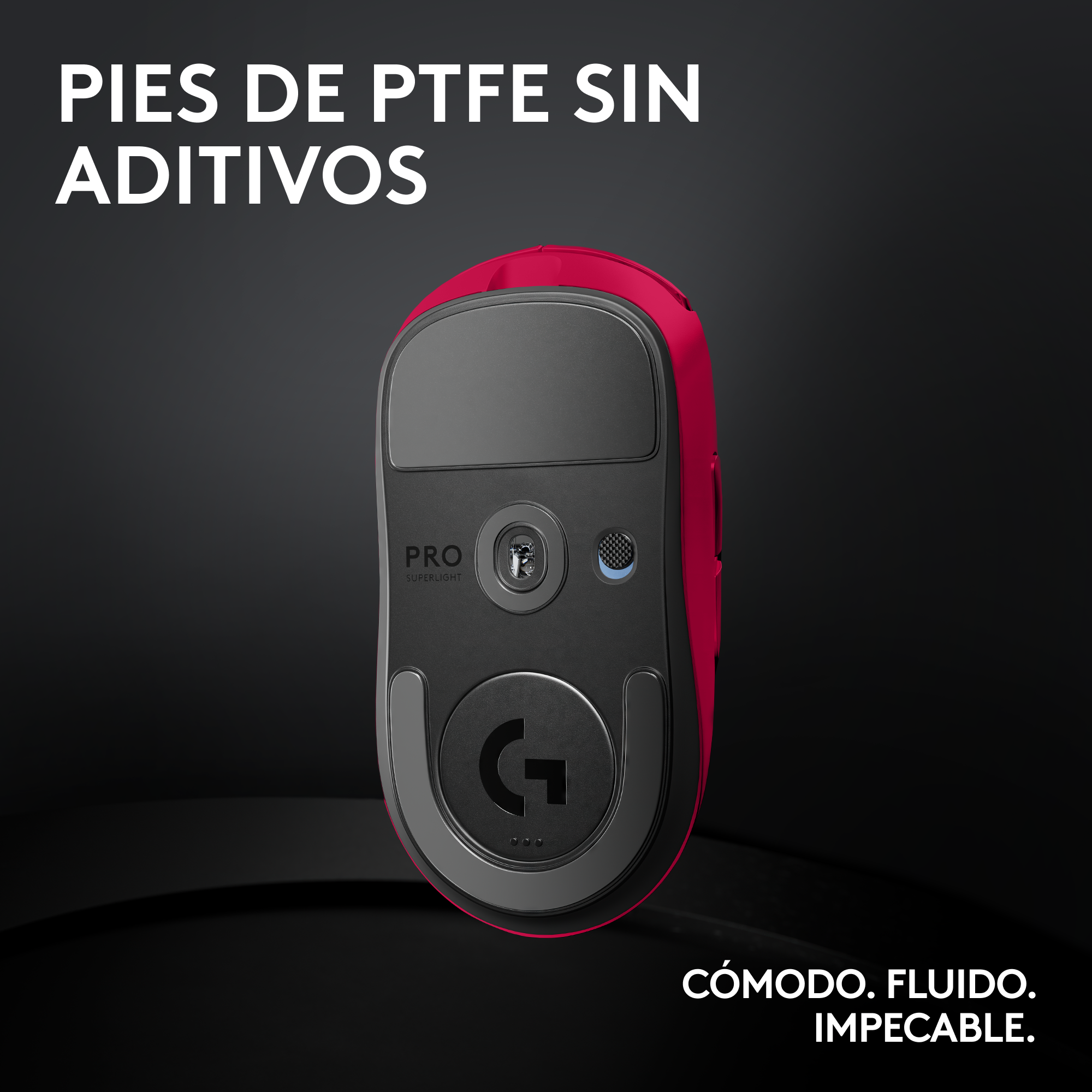 Ratón gaming rojo y negro, vista inferior, con texto: PRO SUPERLIGHT.
