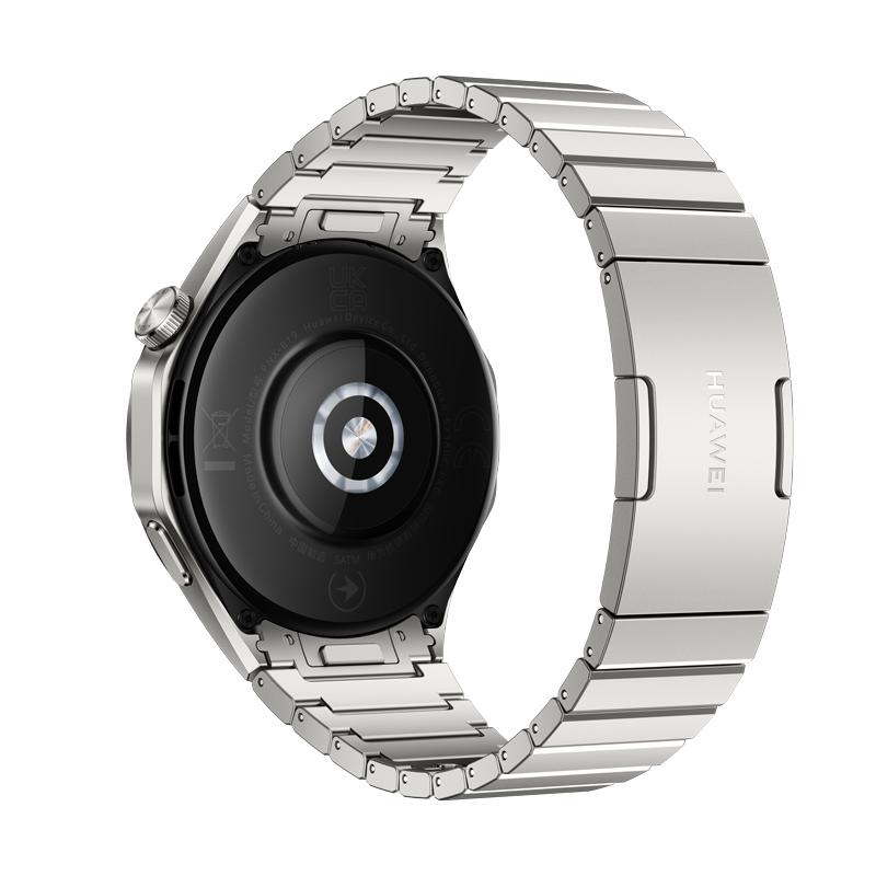 Rückansicht einer silbernen Smartwatch mit Metallarmband, zeigt die Unterseite und Huawei-Logo.