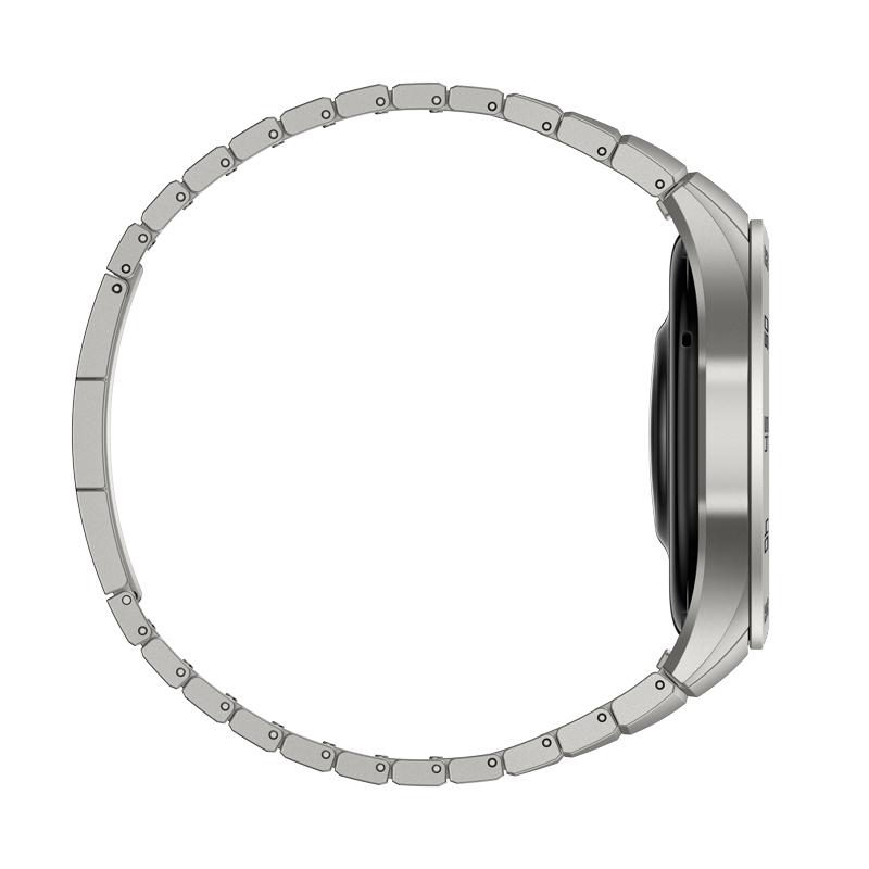 Seitenansicht einer silbernen Smartwatch mit Metallarmband.