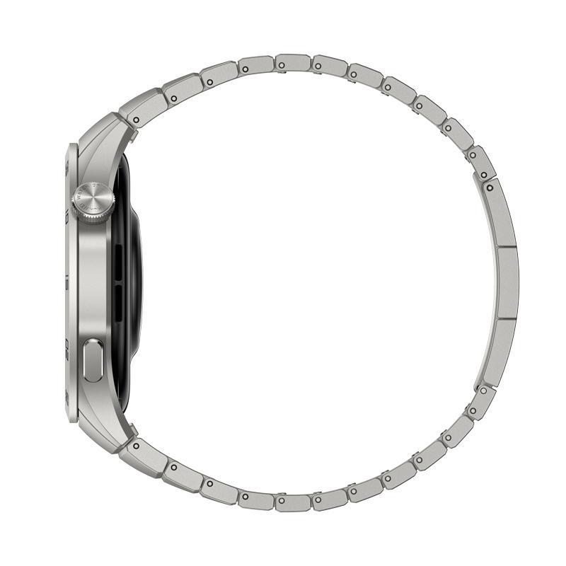Seitenansicht einer Smartwatch mit silbernem Armband.