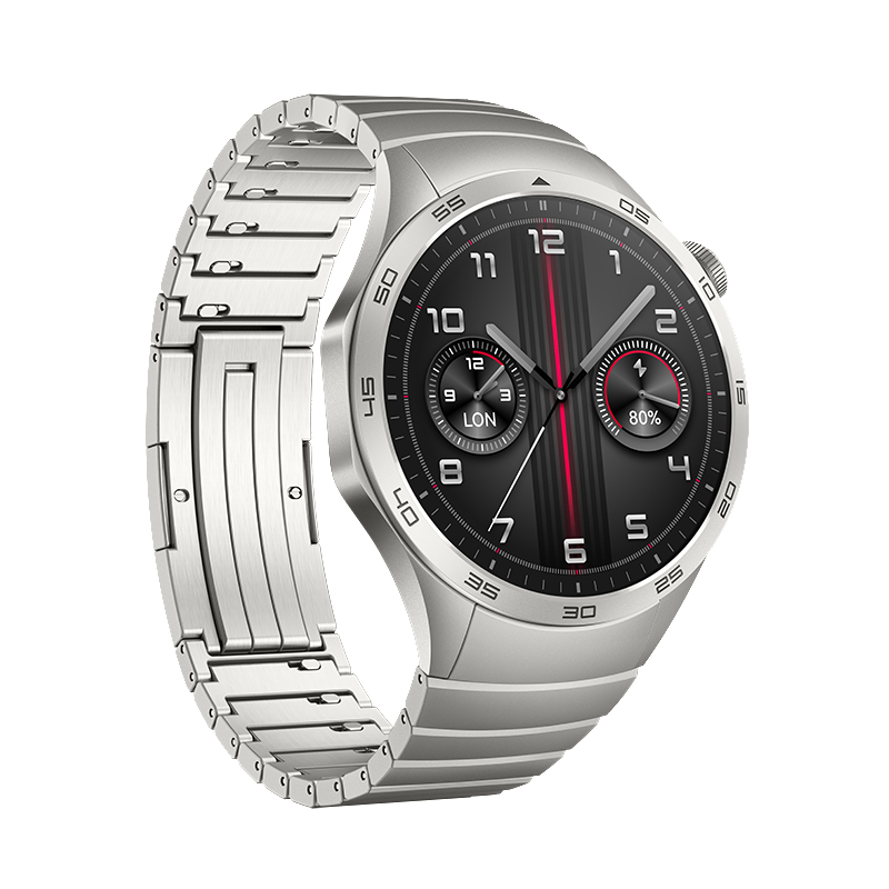 Eine silberne Smartwatch mit schwarzem Zifferblatt, schwarzen Zahlen und silbernem Metallband.