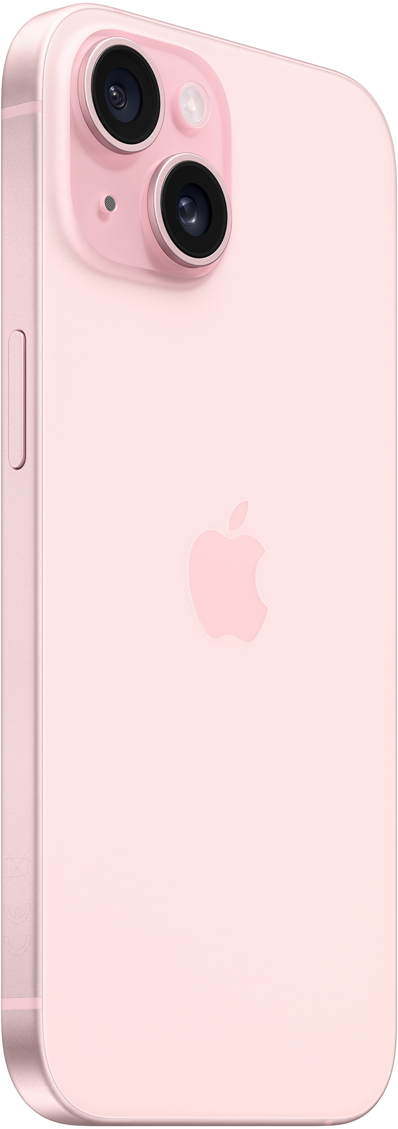 Egy rózsaszín iPhone 14, a hátulja látható, két kamerával és az Apple logóval, szögletes nézet.