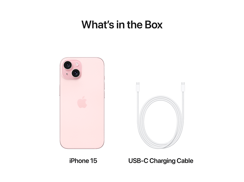 Rózsaszín iPhone 15, USB-C töltőkábel és a "Mi van a dobozban" felirat.