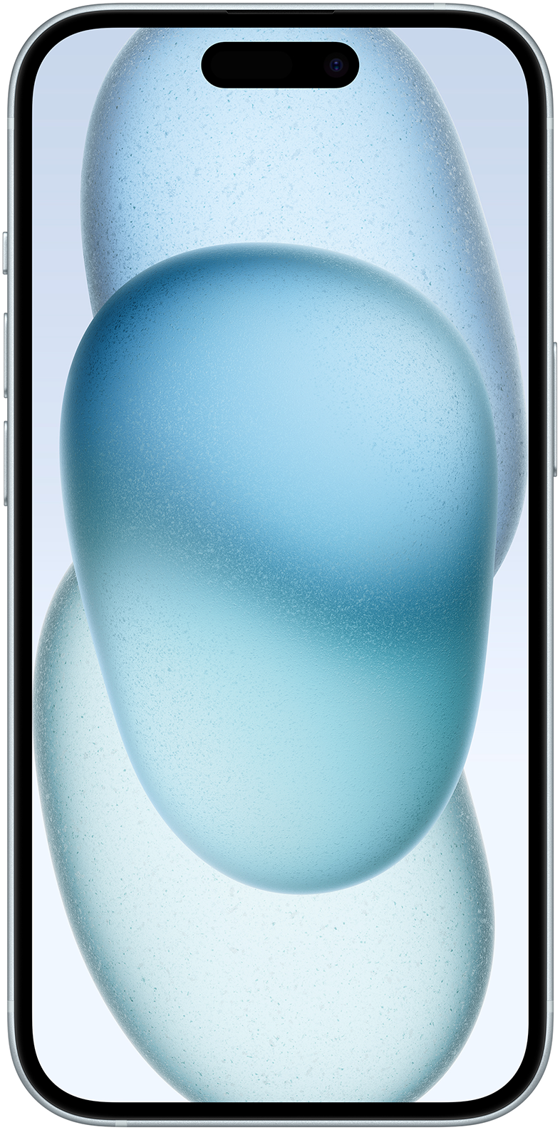 Egy iPhone, amely egy absztrakt kék dizájnt jelenít meg. A telefon függőleges helyzetben van, ezüst kerettel.