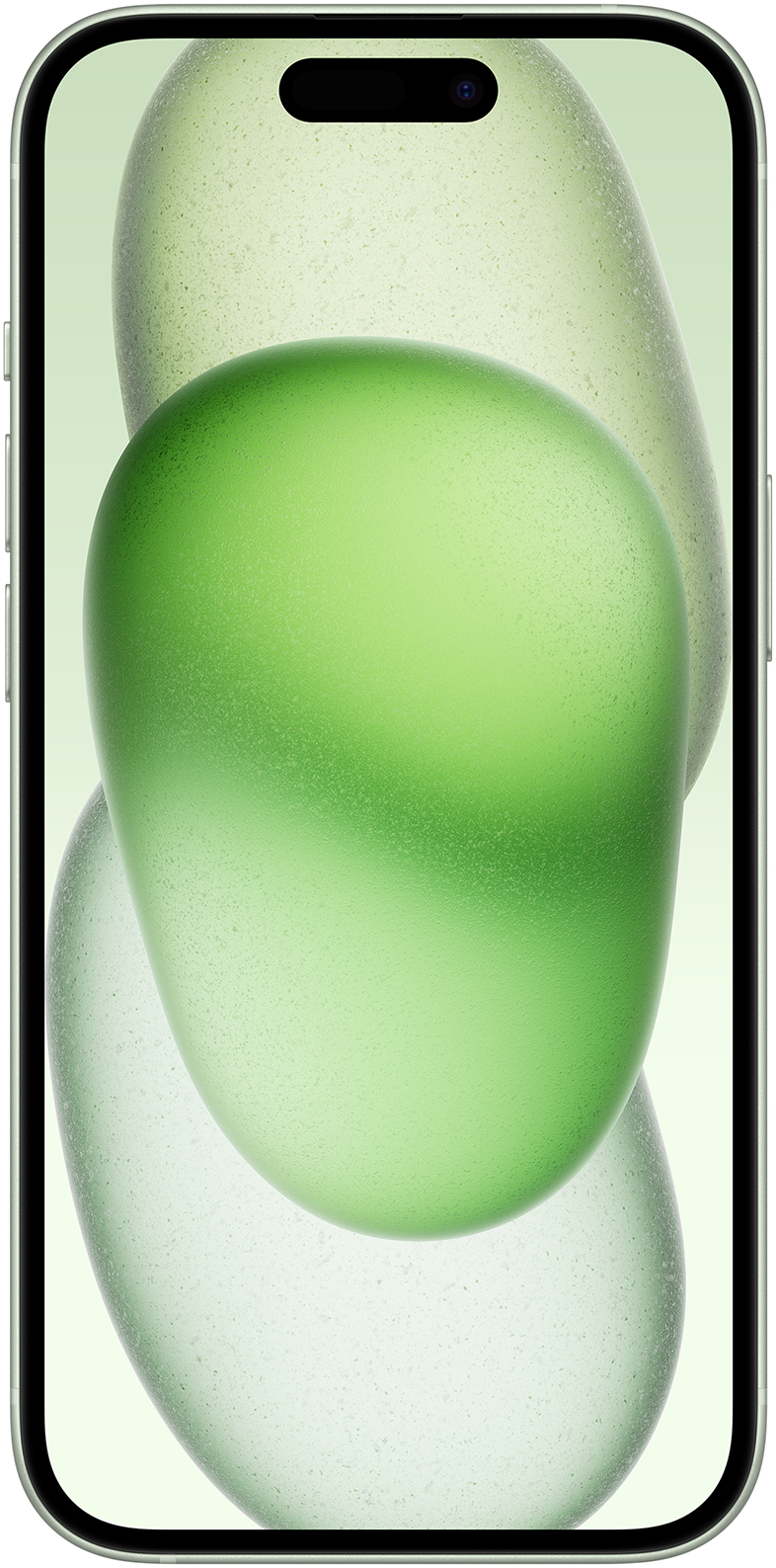 Egy telefon zöld, organikus formájú háttérrel. A telefon ezüst színű.