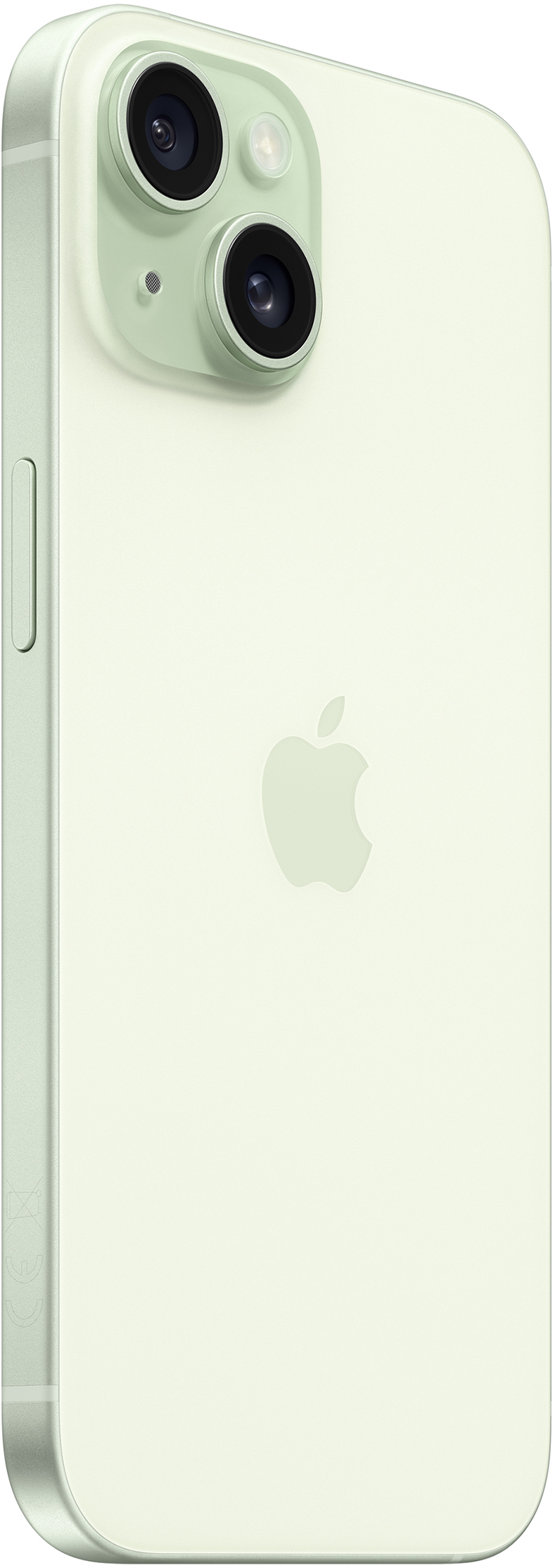 Zöld iPhone 14 Pro, hátulnézet, kamerákkal és Apple logóval. Oldalnézet hangerő gombokkal.