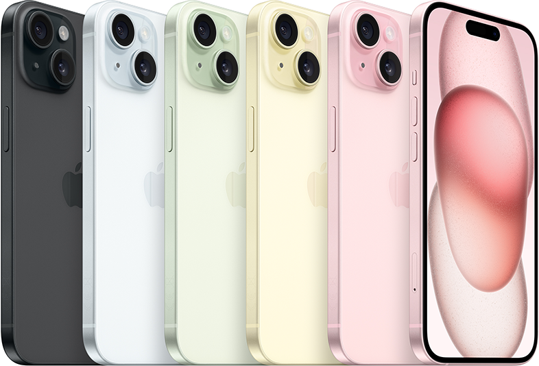 Hat színes iPhone, melyek hátulját mutatják. A színek a fekete, fehér, zöld, sárga és rózsaszín.