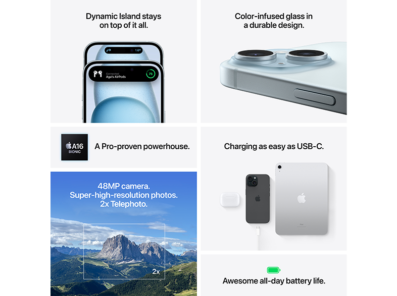 Egy iPhone funkcióit bemutató kollázs, amely egy telefont, egy táblagépet és egy hegyi tájat is tartalmaz.
