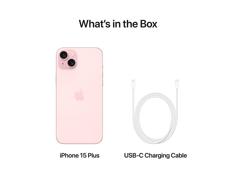 iPhone 15 Plus és töltőkábel a dobozban. Fehér háttér.