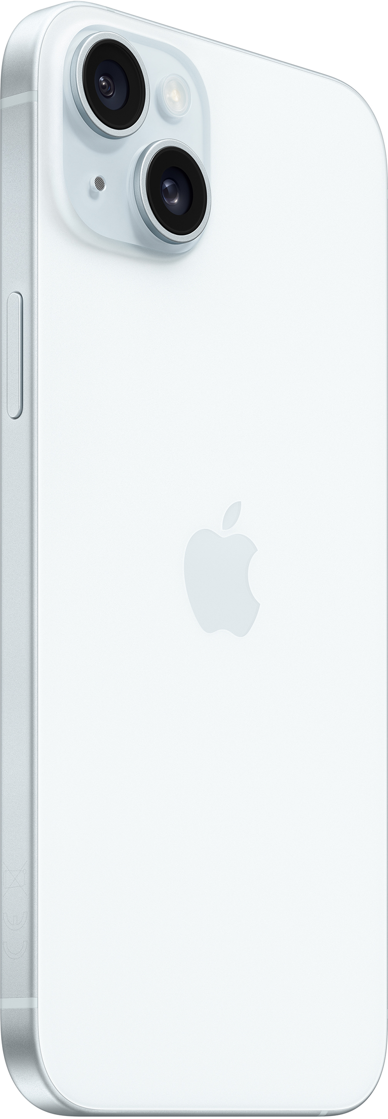 Fehér iPhone három kamerával és Apple logóval a hátulján. A telefon ferdén van.