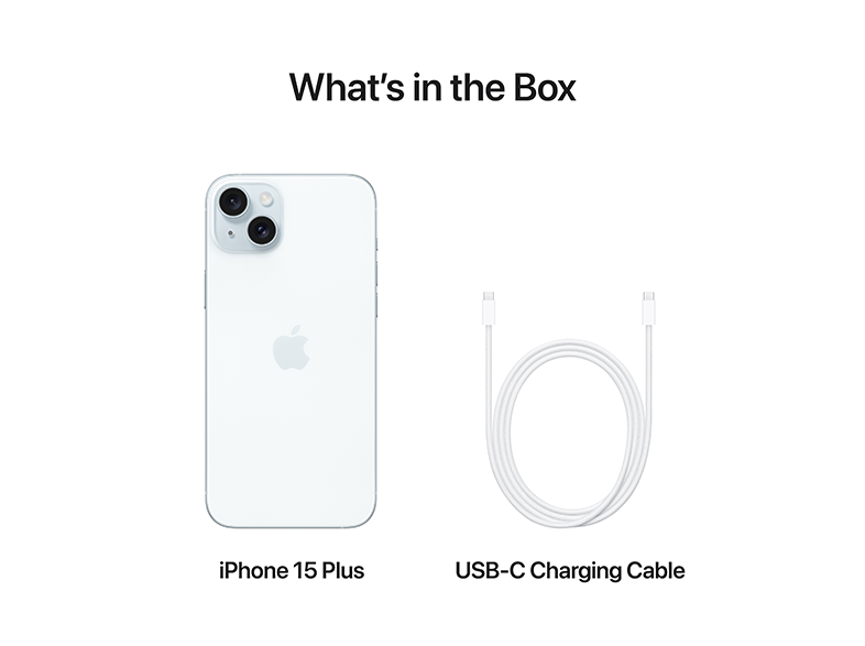 iPhone 15 Plus és töltőkábel fehér háttéren, a 'Mi van a dobozban' felirattal.