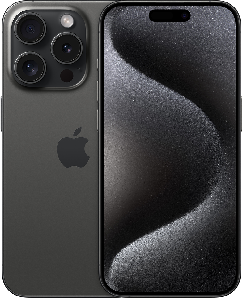 iPhone 14 Pro Space Black színben. Hátulnézet kamerával, elölnézet képernyővel és Apple logóval.
