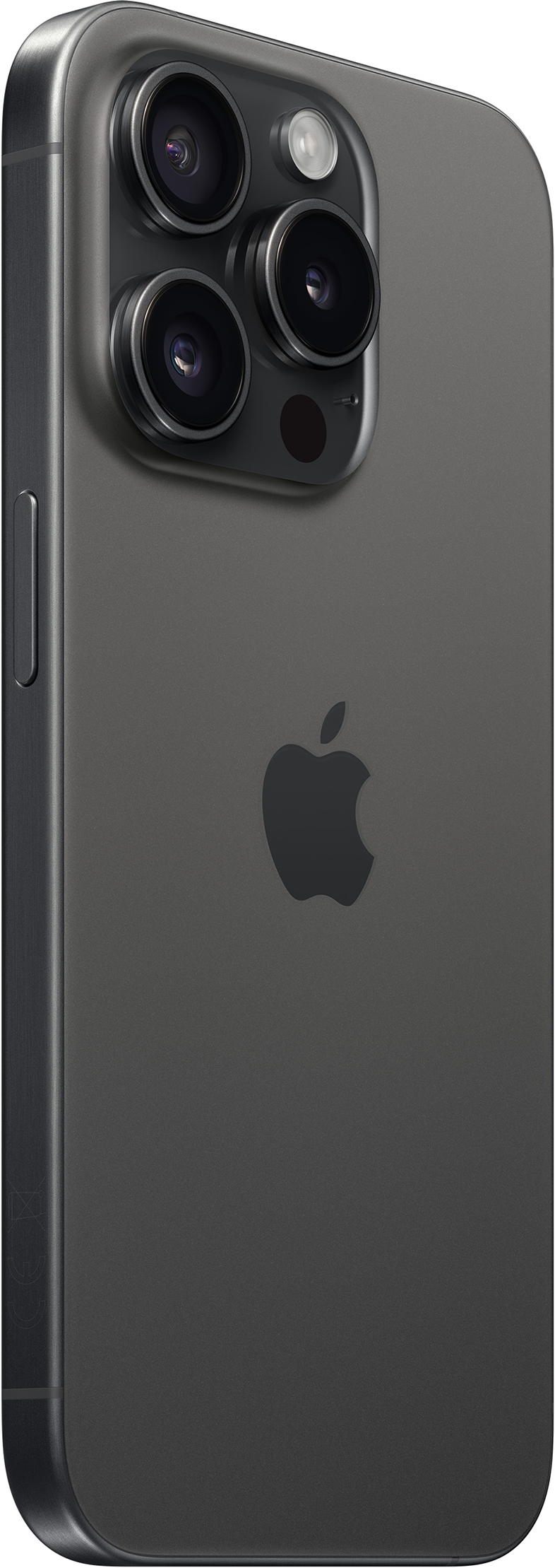 Sötétszürke iPhone 15 Pro kamerával. Három lencse a hátulján és az Apple logó.
