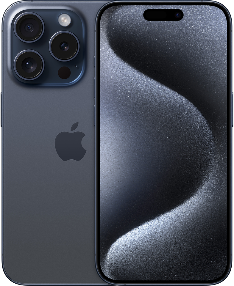 Sötétkék iPhone három kamerával, Apple logóval és elegáns fekete képernyővel.