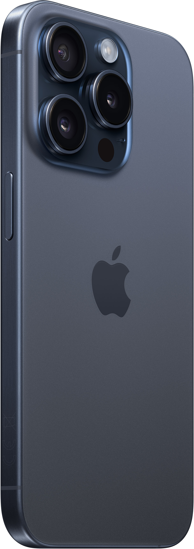 Egy kék iPhone 15 Pro közelképe három hátlapi kamerával.