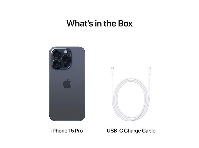 Fehér háttér, iPhone 15 Pro és USB-C kábel. Szöveg: Mi van a dobozban?
