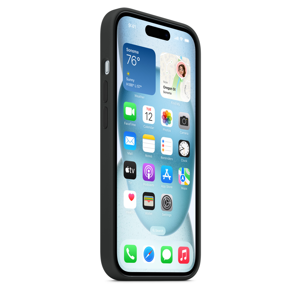 iPhone en la pantalla, funda negra y aplicación del tiempo abierta.