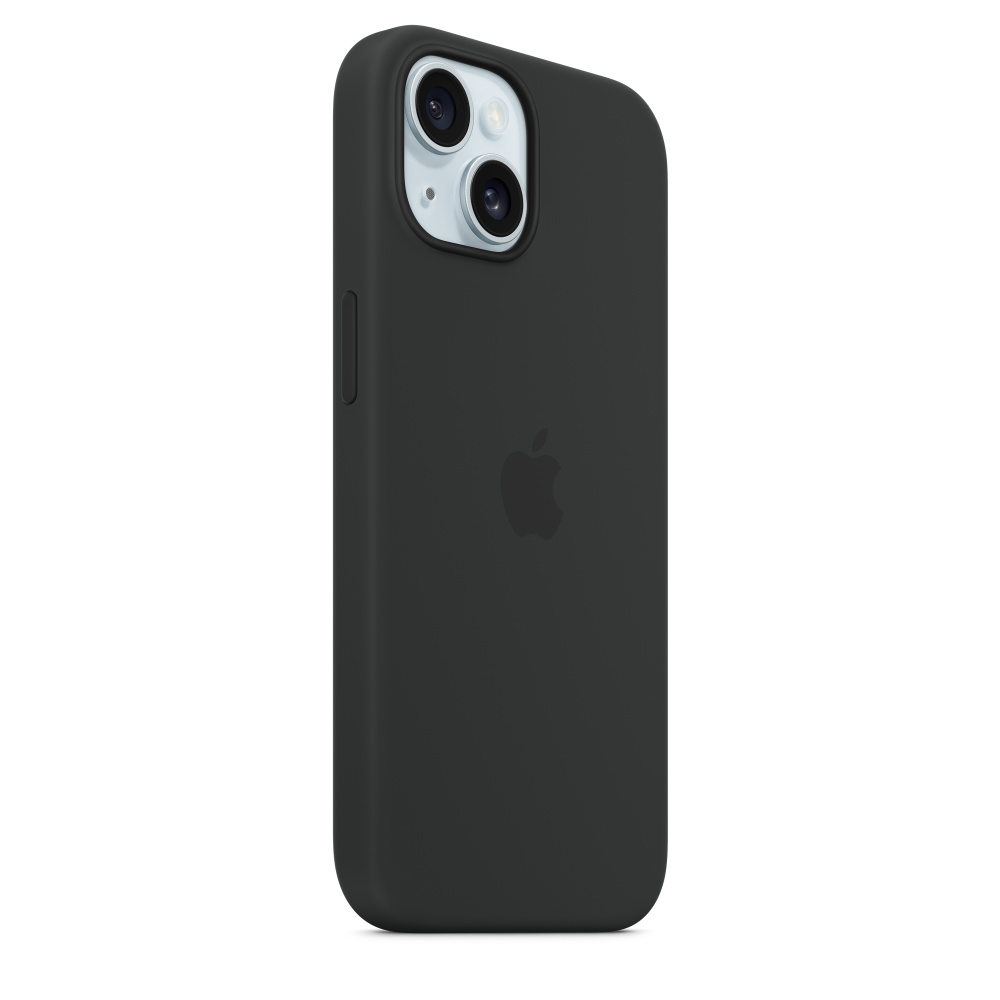 Funda negra para teléfono con logo de Apple y protuberancia de cámara, vista en ángulo.