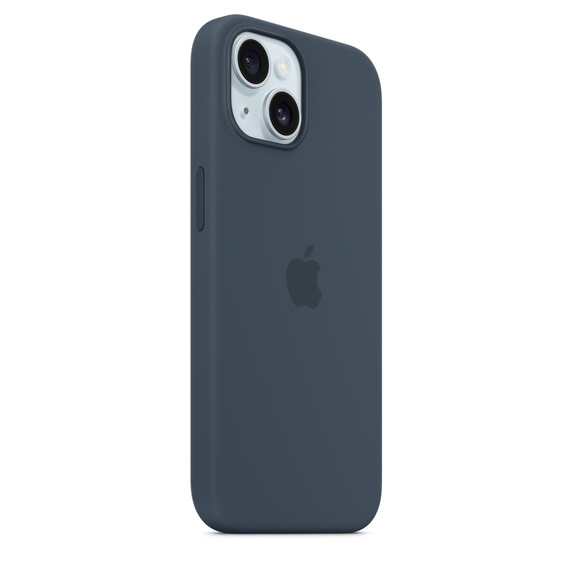Funda azul oscuro para iPhone con el logo de Apple. Vista lateral de la funda mostrando botones.