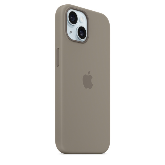 Una funda taupe para iPhone con el logotipo blanco de Apple en la parte trasera y una protuberancia para la cámara. La funda está ligeramente inclinada.