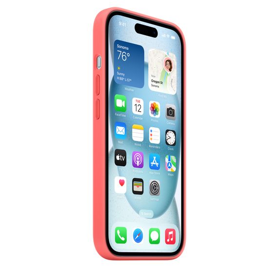 Un iPhone en funda coral muestra la pantalla de inicio con iconos de aplicaciones.