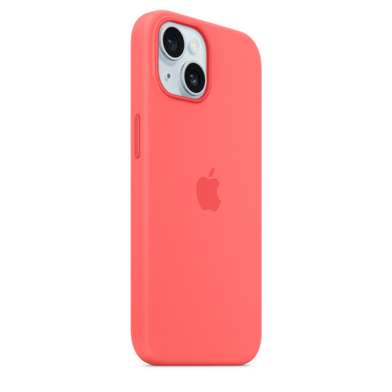 Una funda de teléfono rojo coral con el logo de Apple y recortes para la cámara, sobre fondo blanco.
