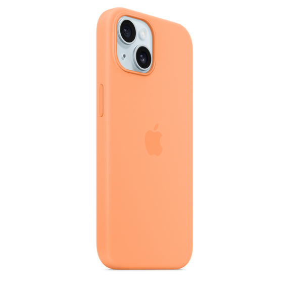 Funda naranja para iPhone, vista lateral, cámara, botones y logo Apple.