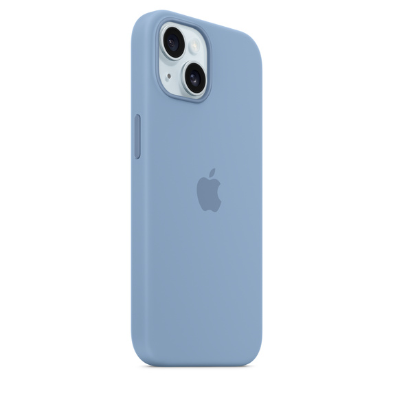 Una funda de iPhone azul claro, con el logotipo de Apple y el recorte de la cámara en la parte posterior.