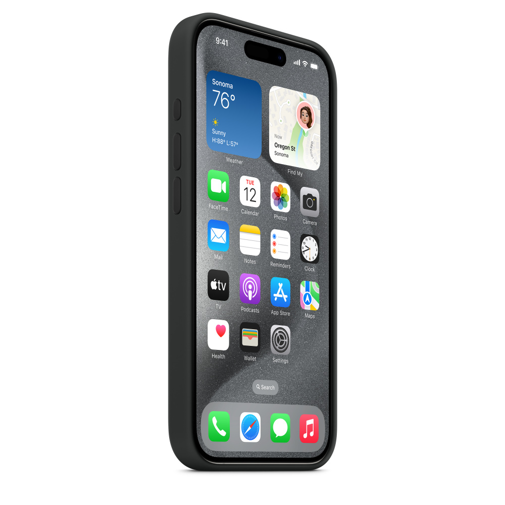 iPhone en funda negra mostrando la pantalla de inicio con iconos y widgets.