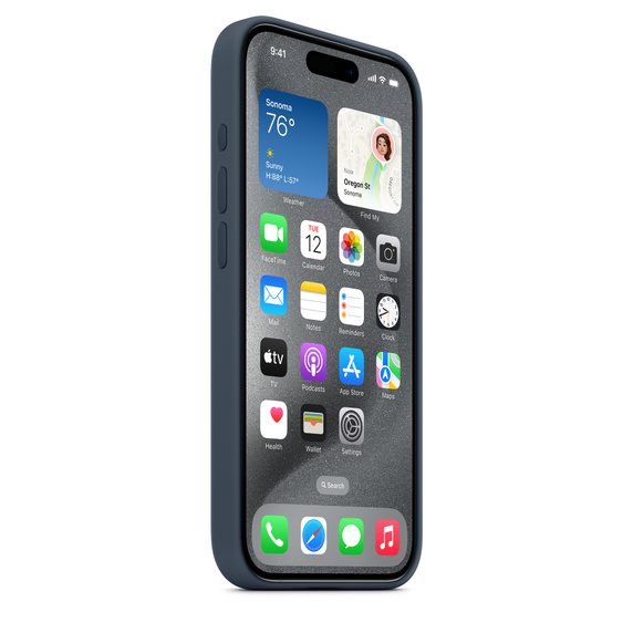 Un iPhone negro con una funda azul mostrando aplicaciones en su pantalla.