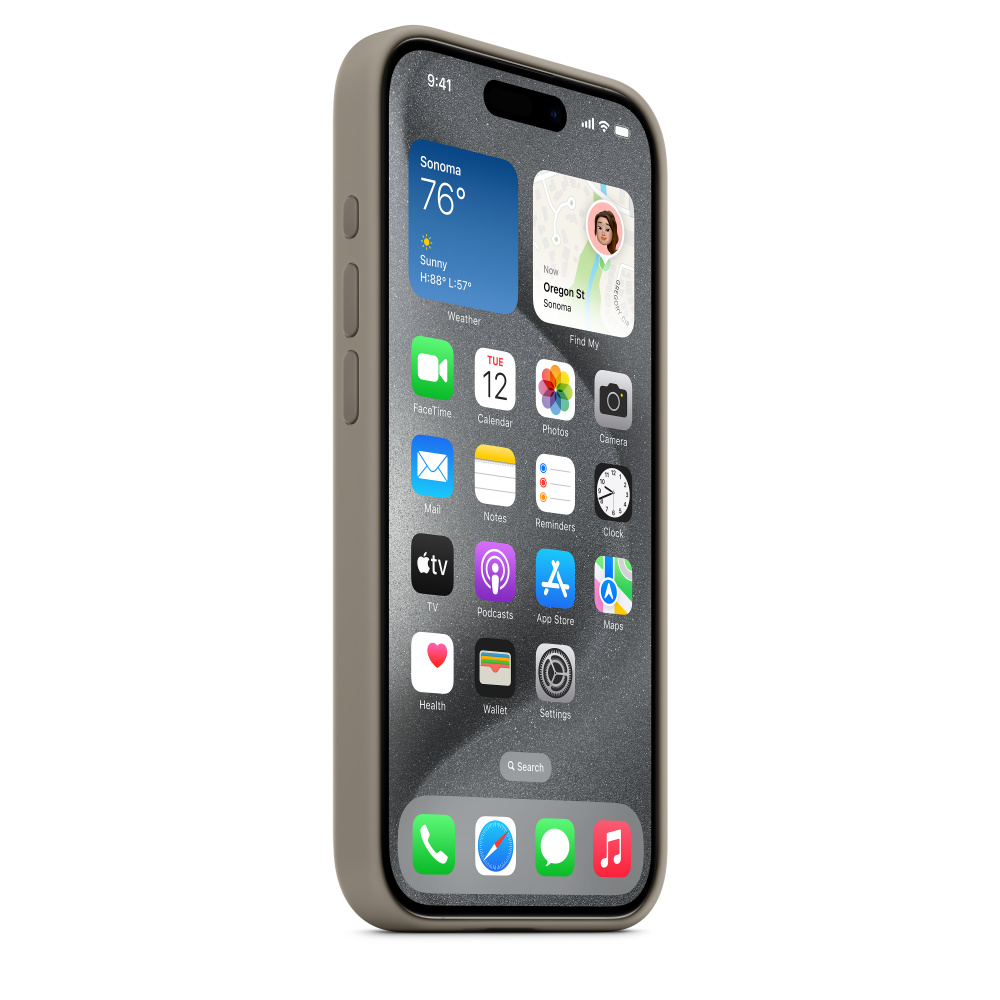 iPhone con la pantalla de inicio visible, dentro de una funda. La funda es de un color neutro.