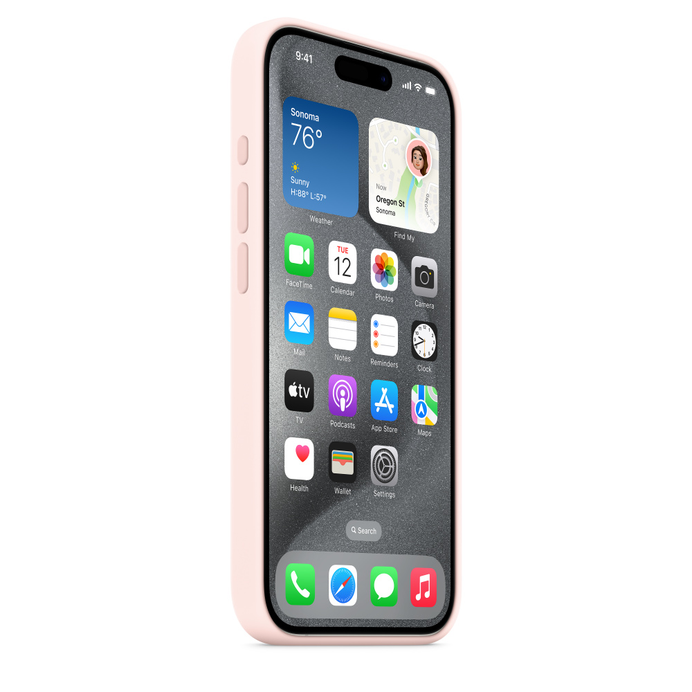 iPhone rosa con aplicaciones en la pantalla, que muestra el clima y detalles de ubicación, y una funda rosa.