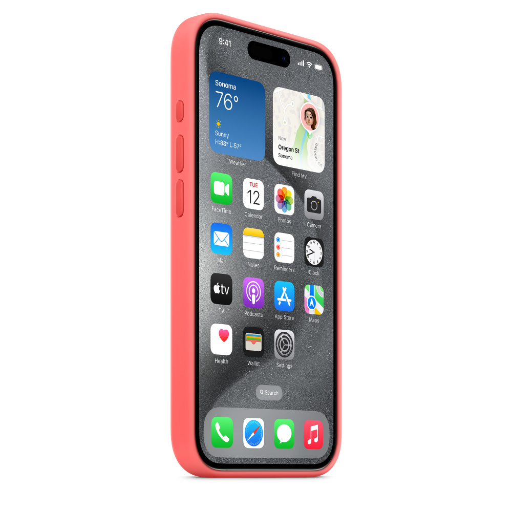 iPhone en funda coral. Pantalla muestra inicio con apps y widget del tiempo.