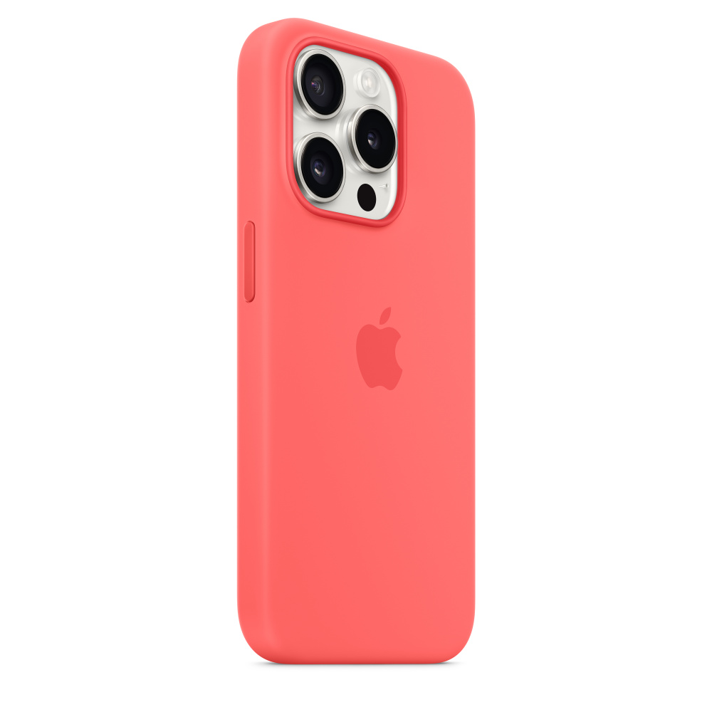 Funda para iPhone coral con tres lentes de cámara. Logotipo de Apple. Fondo blanco.