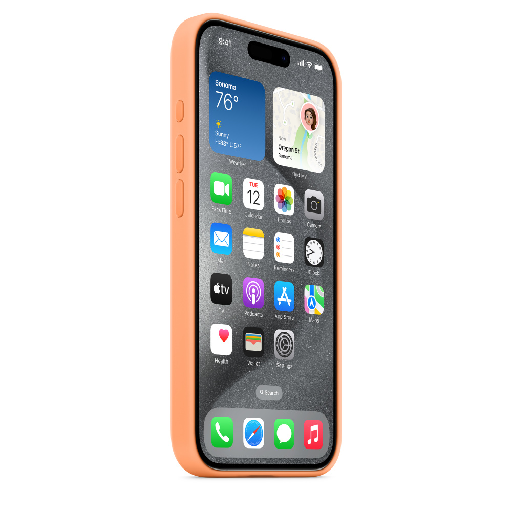 Smartphone con funda naranja, mostrando iconos de aplicaciones sobre fondo gris oscuro.