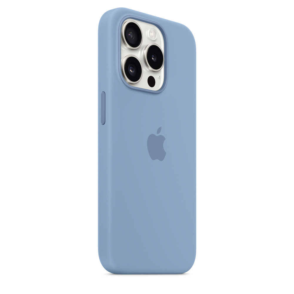 Funda de teléfono azul claro con recorte de cámara y logotipo de Apple.
