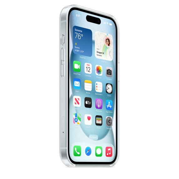 Un iPhone en una funda transparente, que muestra la pantalla con aplicaciones y un widget del tiempo.