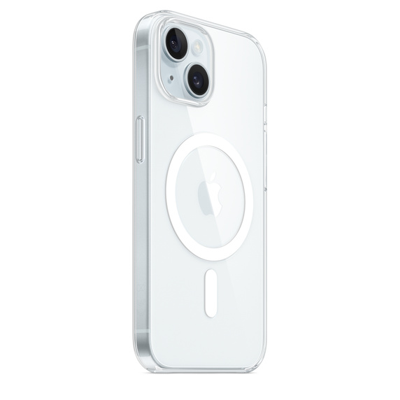Una funda transparente para iPhone con una función MagSafe circular blanca y una franja blanca debajo.