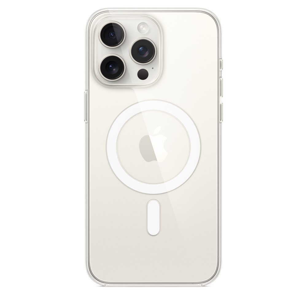 Funda transparente para iPhone con logo de Apple y anillo magnético, vista trasera.