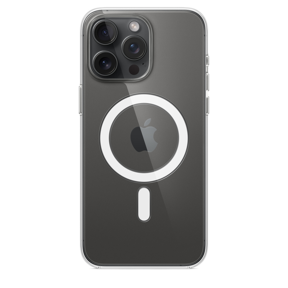 Funda transparente para iPhone con tres cámaras, logo Apple y círculo MagSafe.
