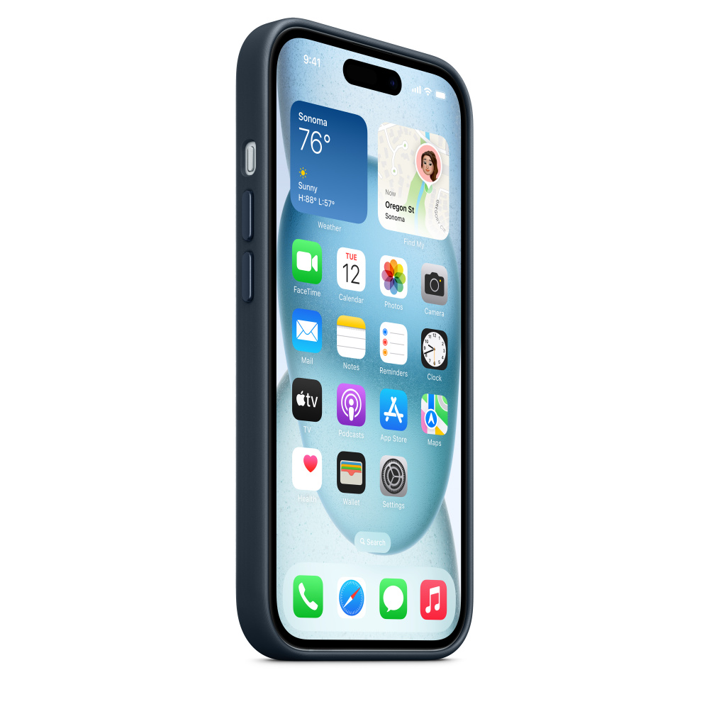 Smartphone con funda azul oscuro muestra iconos de aplicaciones. Widgets de clima y mapa visibles.