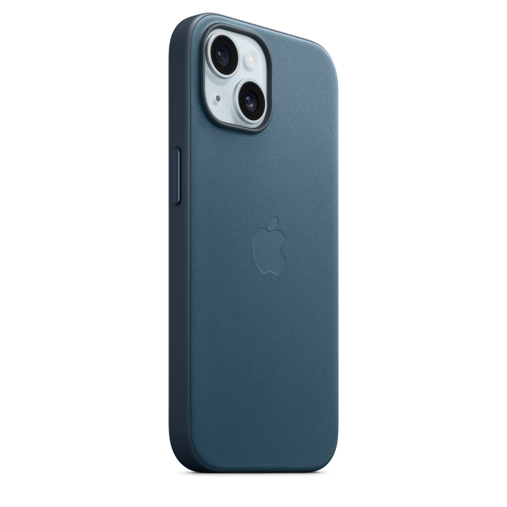 Una funda azul para iPhone sobre fondo blanco, mostrando la parte trasera del teléfono con el logo de Apple.
