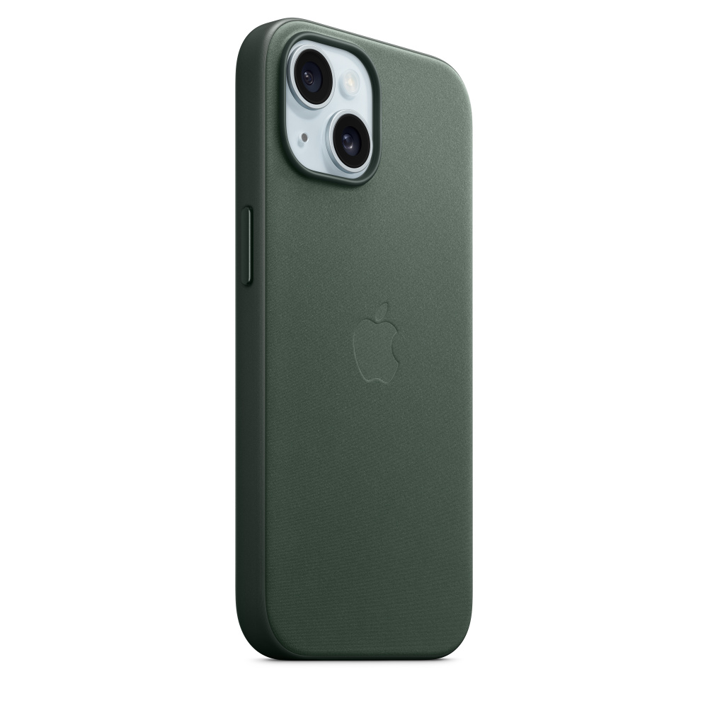 Una funda verde para teléfono con el logo de Apple, mostrando la parte trasera.