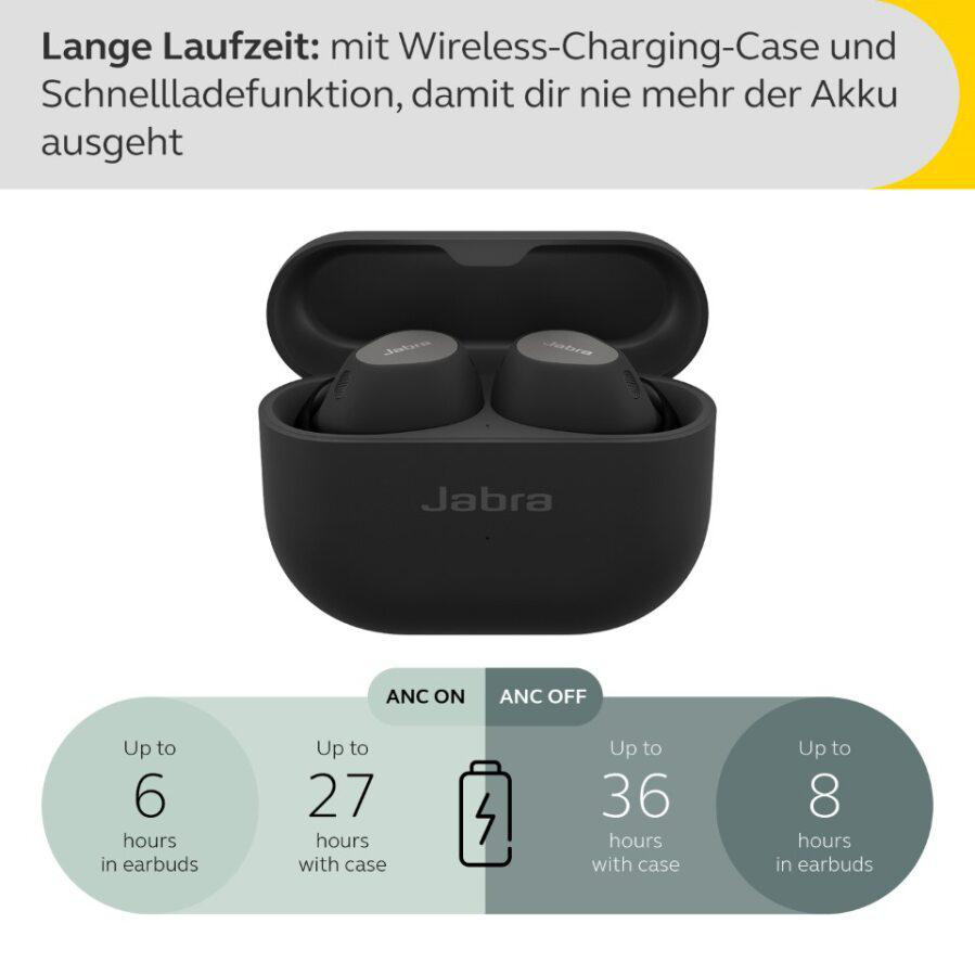 Schwarze Jabra-Ohrhörer in einem Ladecase. Das Bild zeigt die Akkulaufzeit: 6 Std. im Ohrhörer, 27 Std. mit Case und 36 Std. mit Case.