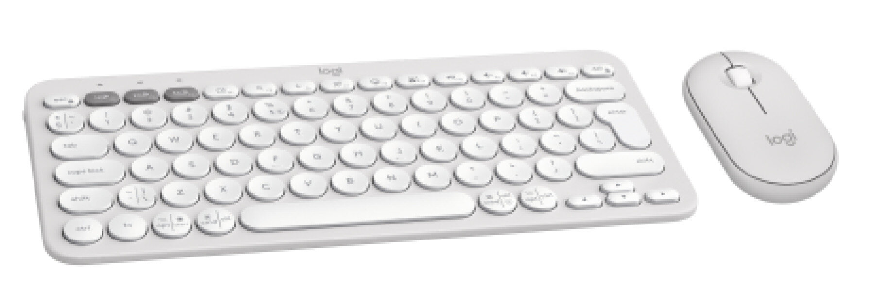 Biały zestaw klawiatury i myszy bezprzewodowej, z białym tłem i logo logi.