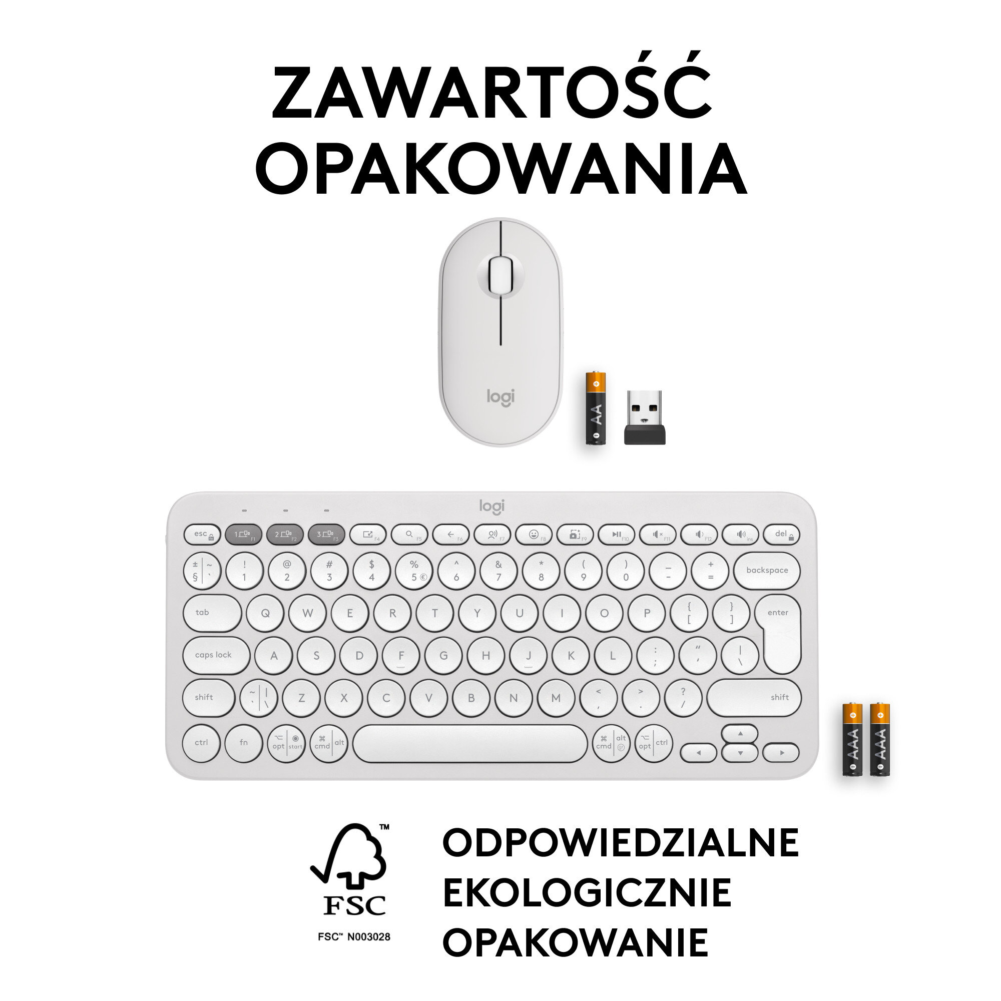 Biała klawiatura, mysz, dwie baterie AA i odbiornik USB Logitech, z tekstem po polsku.