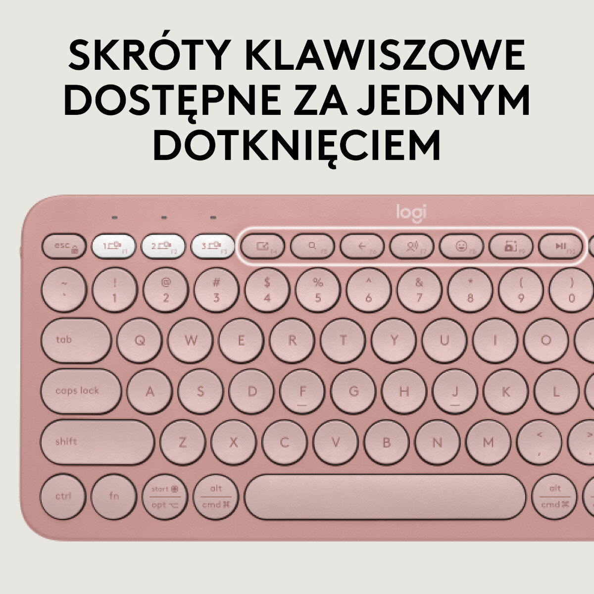 Różowa klawiatura z białymi klawiszami. Tekst: Skróty klawiszowe dostępne za jednym dotknięciem.