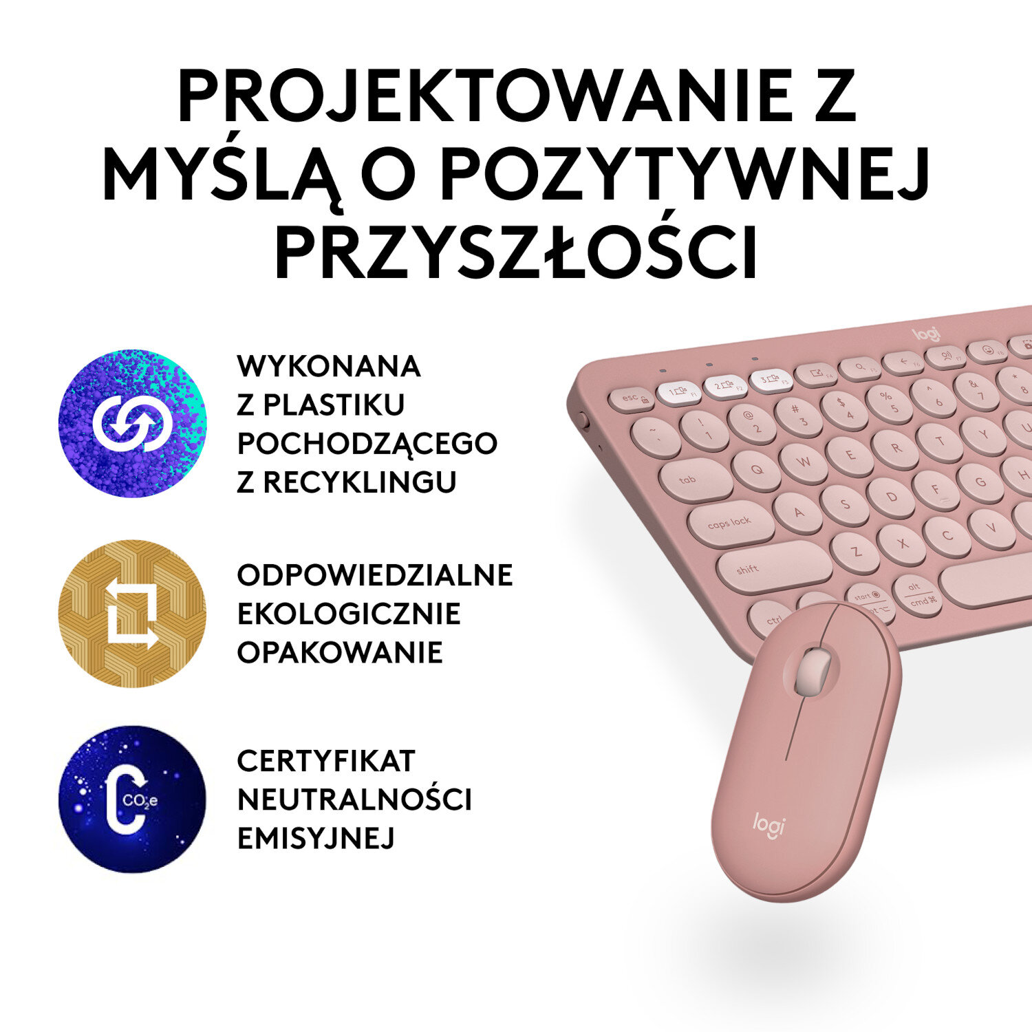 Różowa klawiatura i mysz, tekst o recyklingu, ekologicznym opakowaniu i neutralności emisji.