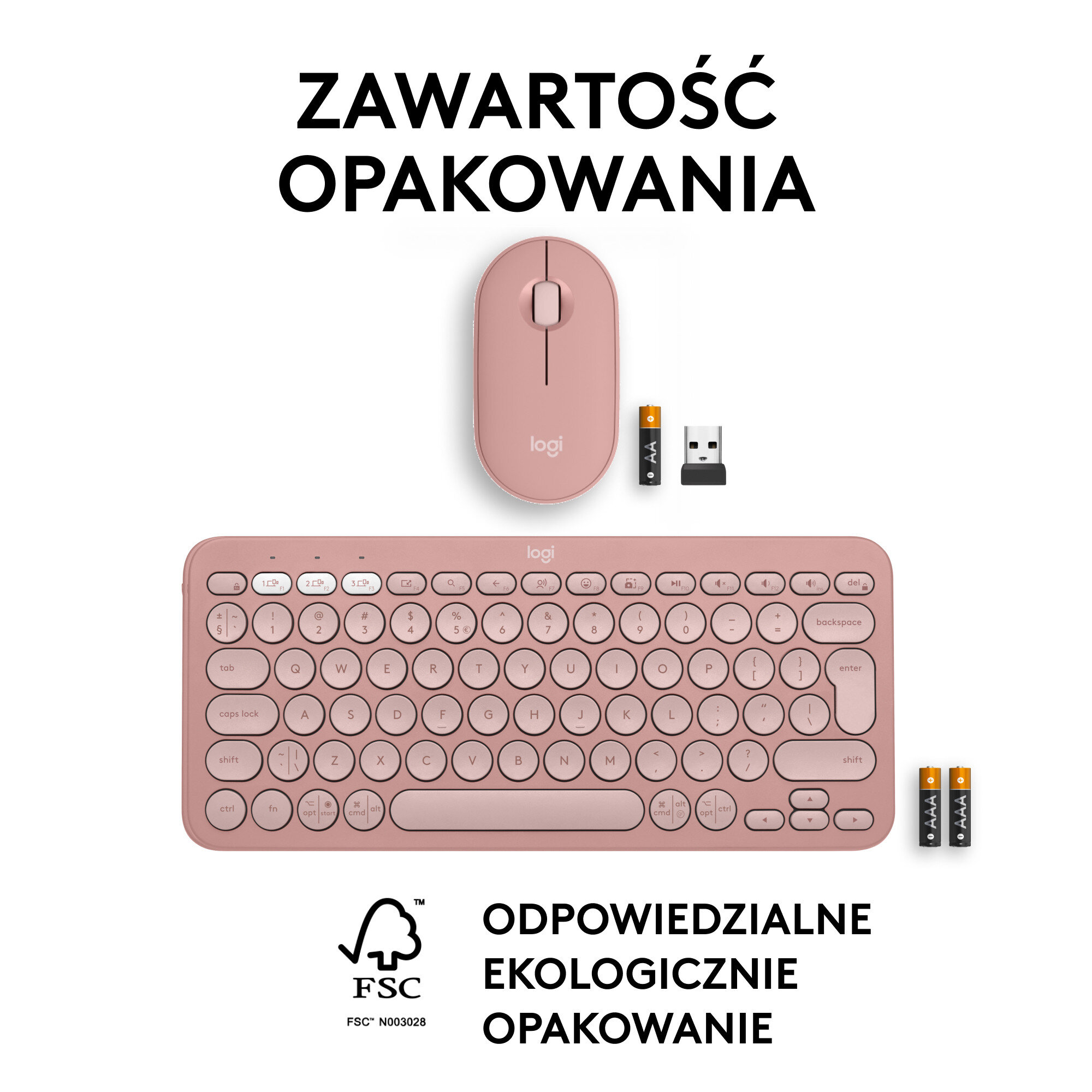 Różowa klawiatura, mysz i baterie. Białe tło, widok produktu.